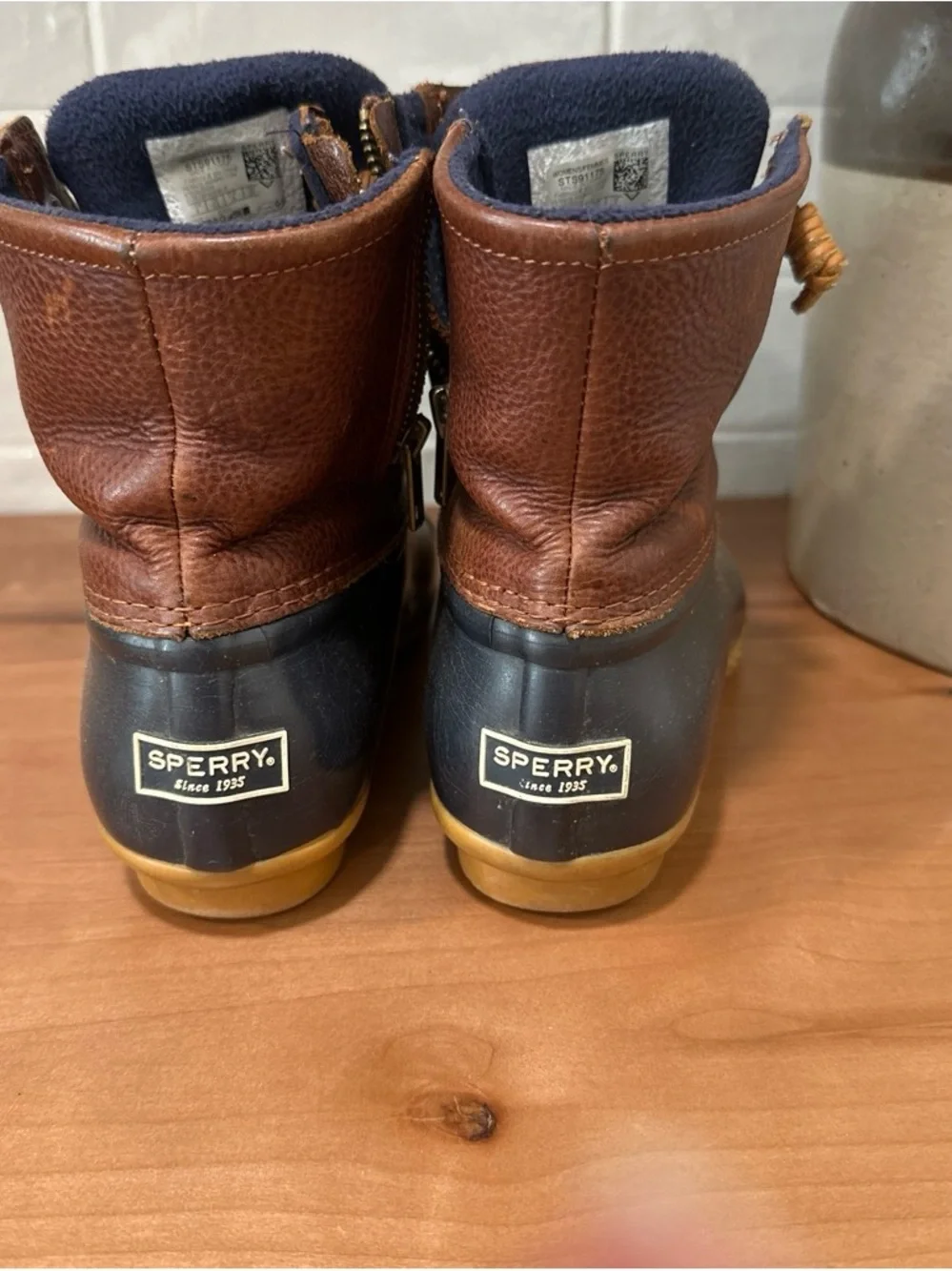 Sperry Brown Leather & Black Rubber Duck Boots with Tan Sole